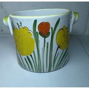 Ceramic Crock Planter Made In ITALY Applied Handles Hand Painted Flowers Pottery